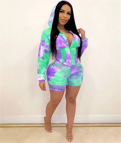 Tie Dye Print Hoodies Corset Top and Shorts Sets JH-146