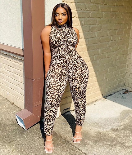 Women Vintage Leopard Printed Sleeveless Bodycon Jumpsuits KY-3055