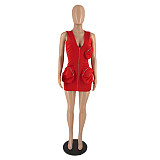 V Neck Pockets Sleeveless Zipper Bodycon Mini Dress IV-8305