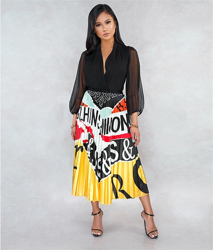 Print High Waist Mid-calf Length Pleated Skirts OY-6332