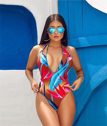 Printed Halter Backless Beach Wear One Piece Swimsuit ORY-5104