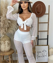 Knitted Mesh Long Sleeve Crop Top Full Pants Outfits LX-6926