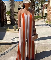 Striped Sleeveless Loose Wide Leg Jumpsuit with Pockets SMY-81133