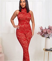 Solid See Through Lace Sleeveless Bodycon Jumpsuit LX-6928