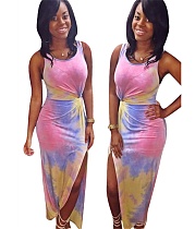 Tie Dye Sleeveless Knotted Front Side Slit Maxi Dresses OM-1063