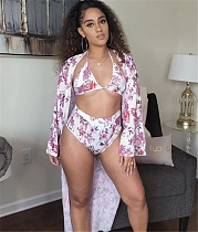 Floral Print Long Sleeve Cover Up 3 Piece Bathing Suit YIY-9010