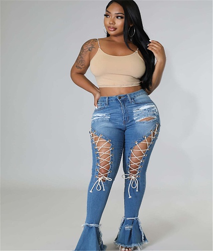 Cut Out Bandage Ripped Hole High Waist Flared Jeans LX-5517