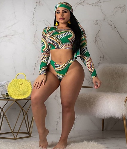 Sexy Print Long Sleeve Swimsuit Set 2 Pieces (with Headband) BN-9155
