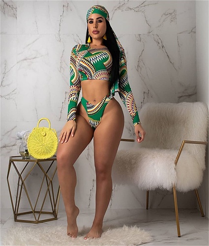 Sexy Print Long Sleeve Swimsuit Set 2 Pieces (with Headband) BN-9155