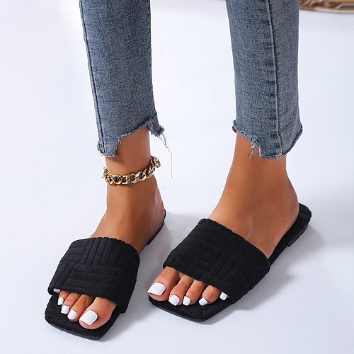 Plush Slippers Square Toe Flat Outdoor Women Shoes
