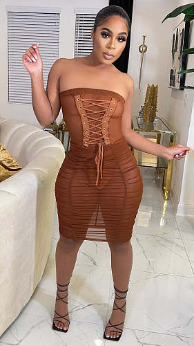 Sexy Strapless Lace-up Package Hips Dress RS-9244