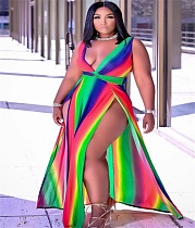 Rainbow Striped Bohemian Beach Plus Size Dresses SAND-1277