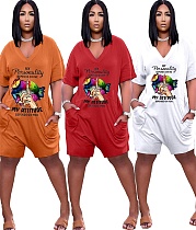 Summer Casual Pattern Print V-Neck Pocket Short Sleeve Wide Loose Fit One Piece Women Romper CYAO-00021