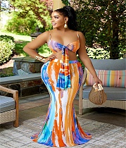 Tie Dye Crop Top And Maxi Skirt Plus Size Sets WEIP-80678