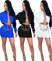 Sexy Lace Up Cardigan Crop Top Mini Skirt Two-piece Outfit BLX-7553