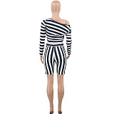 Striped Long Sleeve Crop Top and Shorts Plus Size Sets OY-6361