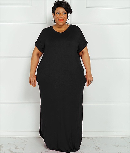 Casual Solid Short Sleeve Plus Size Maxi Dresses OSS-22299