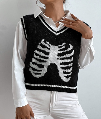 Halloween Skeleton Print Knitted Sweater Vest