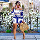 Striped Long Sleeve Crop Top and Shorts Plus Size Sets OY-6361
