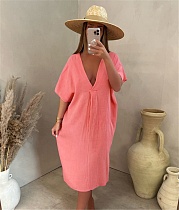 Solid Loose Short Sleeve Vacation Casual Dress ASL-6573