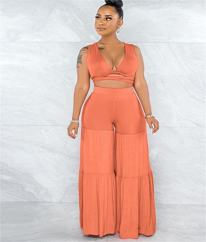 Bandage Crop Top and Wide Leg Pants Two Piece Set HEJ-21S807