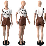 Casual T-shirt Spaghetti Straps PU Leather Shorts Set YNS-1818