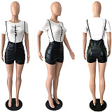 Short Sleeve T-shirt Top Zipper PU Leather Shorts Suit YNS-1819