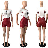 Short Sleeve T-shirt Top Zipper PU Leather Shorts Suit YNS-1819