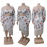 Floral Print Off Shoulder Crop Top Tassel Skirt Outfits BER-7002
