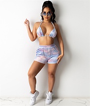 Tie Dyeing Print Summer Halter Neck Backless Bra Top High Waist Beach Shorts Sexy Swimwear Two Piece Club Outfit NUOL-6067