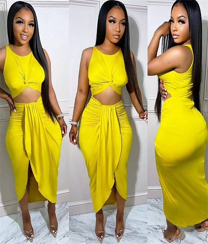 Solid Sexy Tank Crop Top Slit Ruched Skirt Suits OMM-89807