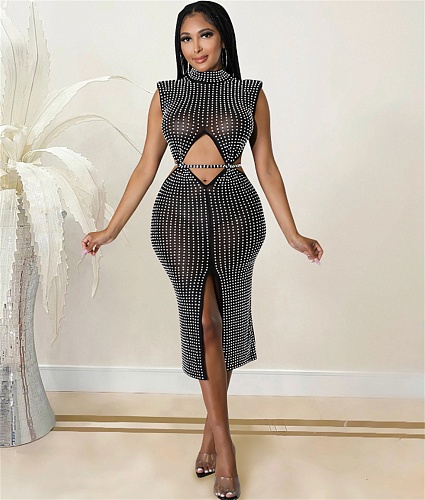 Sheer Mesh Perspective Hot Drill Party Cocktail Dress BY-5796