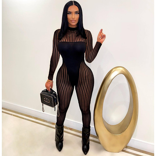 Mesh Sexy See Through Striped Skinny Jumpsuits NM-8519