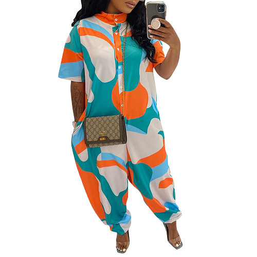 Button Down Short Sleeve Abstract Print Jumpsuits MK-3109