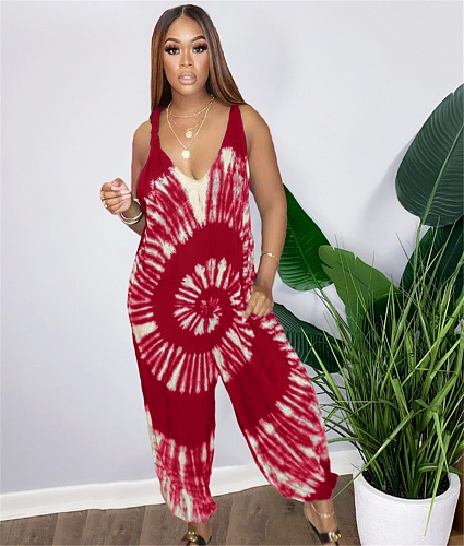 Tie Dye Print Backless Loose Fitting One Piece Jumpsuit MNK-8008