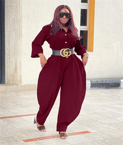 Long Sleeve Button Down Loose Fitting  Harem Jumpsuit SL-7023