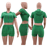 Zipper Short Sleeve Hooded Crop Top Shorts 2 Piece Set TK-6249