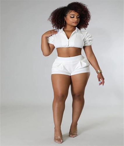 Ruched Short Sleeve Crop Top Straight Shorts Outfits SL-7049