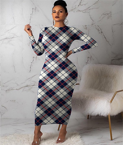 Elegant Woman Plaid Printed Round Collar Long Sleeves Ankle-length Maxi Dress MA-286