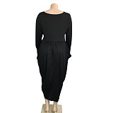 Plus Size V Neck Long Sleeve Irregular Pleated Dress LFF-70019