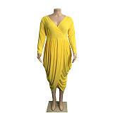 Plus Size V Neck Long Sleeve Irregular Pleated Dress LFF-70019
