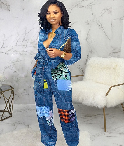 Long Sleeve Sashes Print Casual Straight Jumpsuits JX-5361