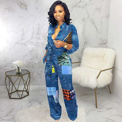Long Sleeve Sashes Print Casual Straight Jumpsuits JX-5361