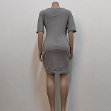 Solid Short Sleeve Solid Bodycon Slim Casual Dress JX-5436
