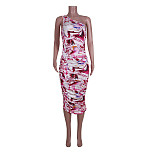 Aesthetic Print Skew Collar Sleeveless Ruched Dresses JZH-8042