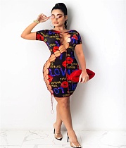 Cut Out Cross Bandage Short Sleeve Sexy Dresses OM-1365