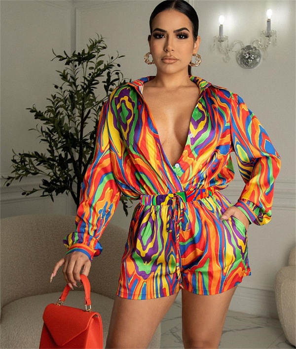 Long Sleeve Print Shirt and shorts Two Piece Set SAND-2146