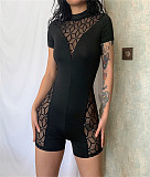 See Through Mesh Short Sleeve Patchwork Romper HLJKJ-23915
