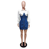 Denim Patchwork Zipper Front Women Shirt Dress MEM-88453