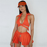 Halter Backless Crop Top Pleated Skirt 3 Piece Bikinis Set HLJKJ-25369